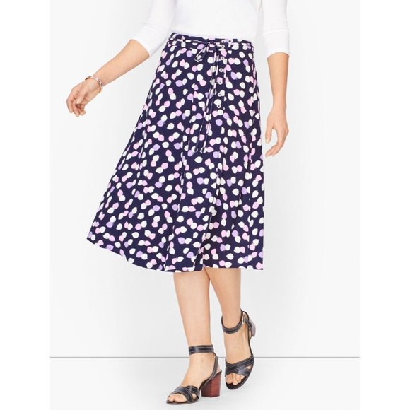 TALBOTS Size 10 Blue Pink Purple Detail A-Line Midi Skirt Wraparound Side button - Picture 1 of 5